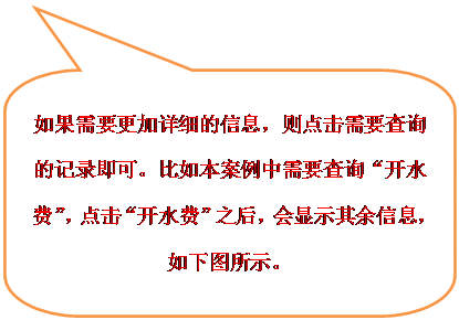 圆角矩形标注:如果需要更加详细的信息,则点击需要查询的记录即可。比如本案例中需要查询“开水费”,点击“开水费”之后,会显示其余信息,如下图所示。